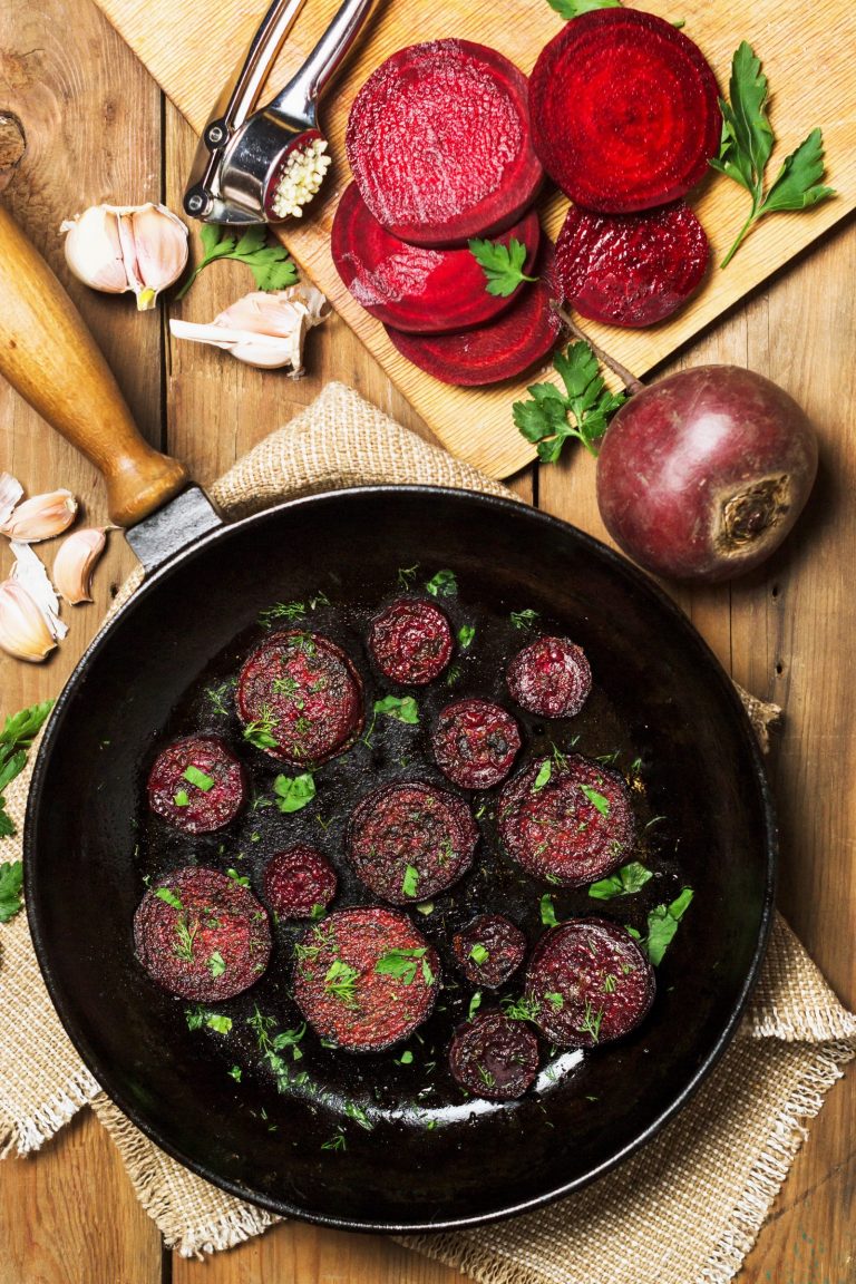 Fried beet slices on a castiron frying pan Azra Magazin