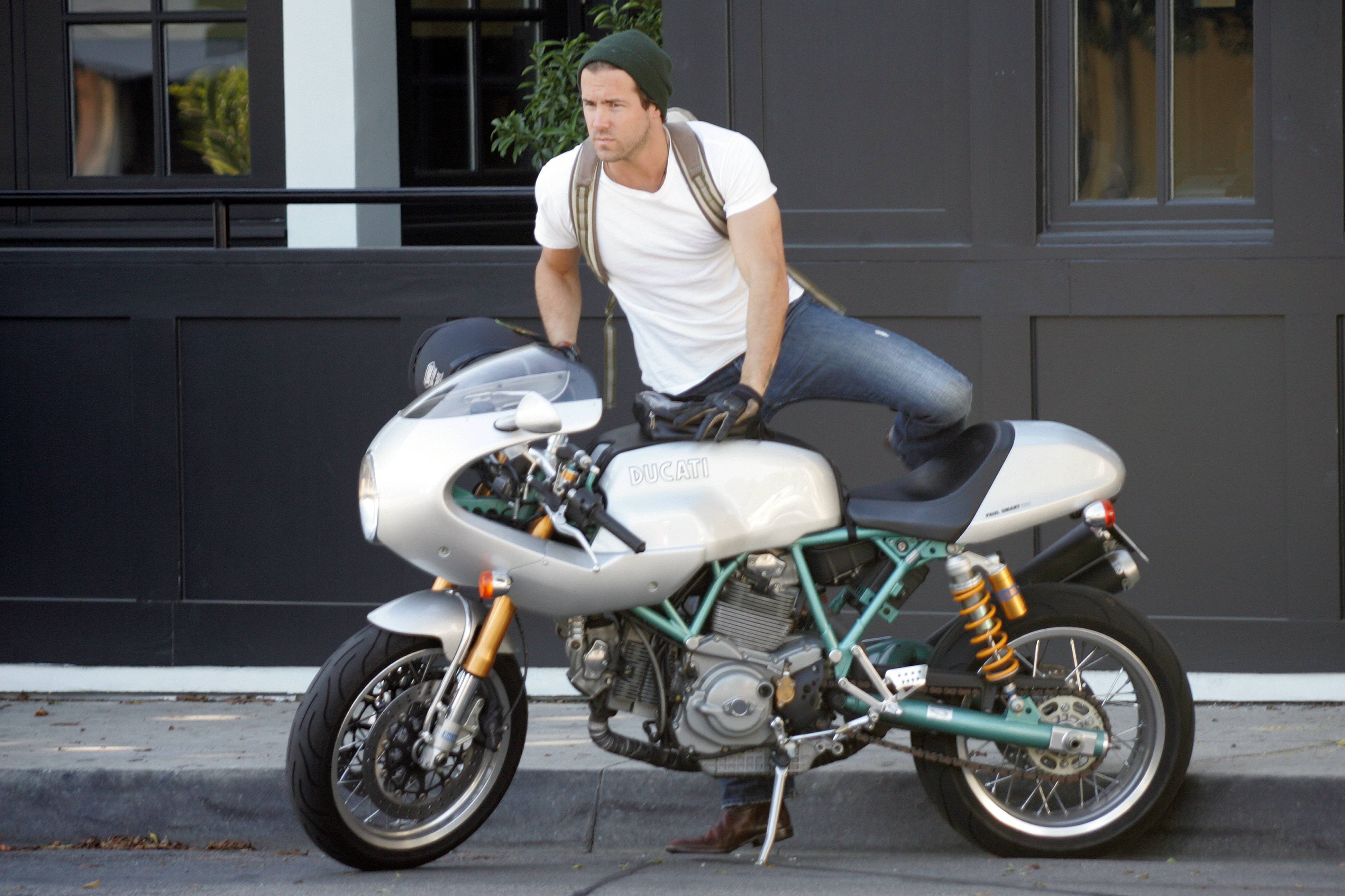 Ryan Reynolds with motorcycle